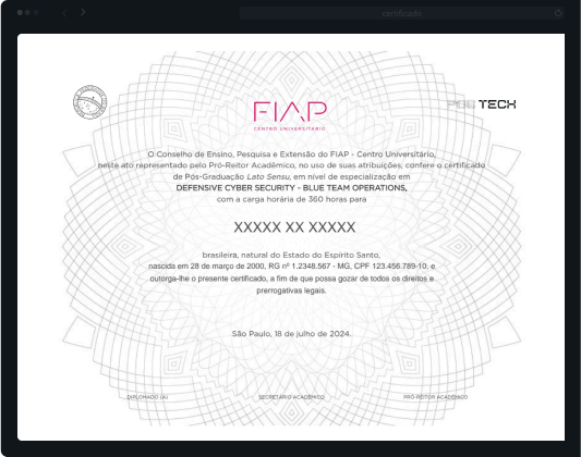 Prévia do certificado final da Pós Tech com reconhecimento máximo pelo MEC.